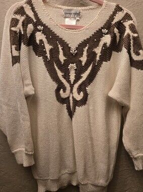 Vintage Grandma Cozy Cottagecore Beaded Knit Sweater Oversized Boho